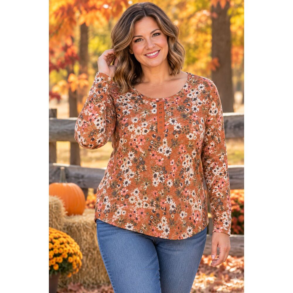 SONOMA Women XL Rust Floral Henley Long Sleeve Top Cotton Blend Fall Shirt #24